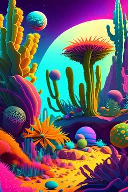 Exploring a colorful alien planet with strange flora and fauna.