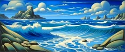A blue watery beach painted by Thomas Hart Benton