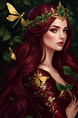 Burgundy hair, dark hair,dark red , rapunzel hair,very long hair,dark fairy princess,elven crown,night,dragonflies,beautiful,ong ashes,golden armor ,sparkle,night blooming,ivy,dark green,lilly of valley,golden elven crown