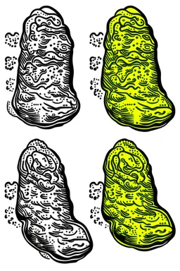 Draw two footprints. The tread pattern from the shoes is white and made entirely from the shapes of ghosts in the style of Salvador Dali’s “the face of war”. Use no more than 4 colours. Do not draw a shoe.