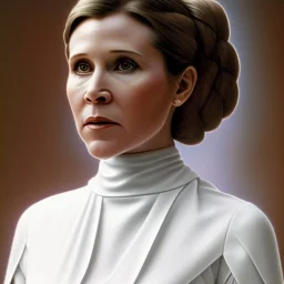 extremely detailed 8k hyperspace wallpaper,complete and photo realistic detailed head to waist stunning photo realistic portrait of carrie fisher as Princess Leia in star wars with photo realistic minimal and simple updo hair , brown eyes, professional majestic oil painting by Ed Blinkey, Atey Ghailan, by Jeremy Mann, Greg Manchess, Antonio Moro, trending on ArtStation, Intricate, High Detail, Sharp focus, dramatic, by greg rutkowski, realism, beautiful and detailed lighting, shadows