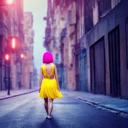 Beautiful lonely girl who walks along a street without people at dawn. You see her from behind. She wears very short yellow dress. She has short pink hair with glowing crystals. Full body, 8k resolution concept art. Professional Photo HD. Stylish. Warm vivid colors. Panoramic