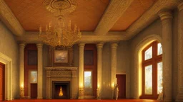 large fireplace in a great hall of a stone castle