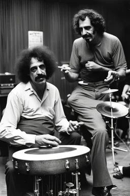 Frank zappa playing bongos next to a very fat black man