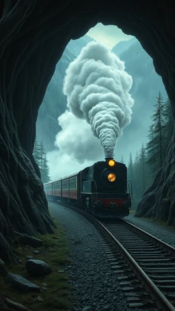 Bosch painting style nightmare in 3D , a train with smoke out of a tunnel in the mountains, wood trees in the background, high Quality picture , 8k
