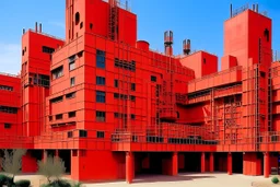 An orangish red factory with pulsating blocks designed in Navajo baskets painted by Pablo Picasso