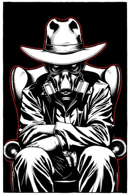 intimidating western styled man with hat (wide flat brim flat top) shading face, wearing a gas-mask, sitting forward on a wingback chair, vignette, black and white graphic novel style with a red outline on black background, gothic horror