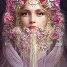 portrait,"Insanely detailed photograph of a beautiful nordic vestal priestess,gorgeous clean face,intricate mask, highly intricate dress,intricately designed colorful flowers in hair,elegant, highly detailed hair, digital painting, artstation, concept art, smooth, sharp focus, illustration, art by artgerm and greg rutkowski and alphonse mucha, 8 k,looking downward,album cover art,fantasy