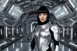 photo of a Sci-fi woman, with black hair, wearing a silver and black spacesuit looking like an android, no helmet, on an alien planet