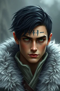 a 15 year old human male, short black hair, round handsome face, green eyes, melancholic, dressed white robe and furs, realistic epic fantasy style, three lines tattooed on forehead