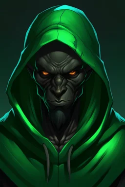 A black humanoid demon wearing a green hood and beanie