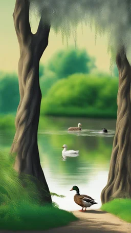old willow tree by the river , 2 lovely ducks are swimming in the river