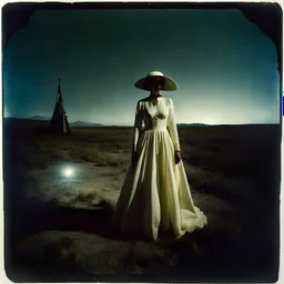 Photorealistic polaroid nothingness and distress, void, wasteland night Max Ernst, obsessive, hypnotic, Hieronymus Bosch, cfdeer, volumetric light, shot on Hasselblad, movie shot, absurd, details of the dress accentuated, odd nightmare, hypermaximalist