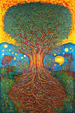 the coming together of many drives in one nature in whom everything – knowledge, desire, loving, hating – strives centripetally toward a root force, and where a harmonious system of drives is formed by the compelling domination of [an organizing idea which functions as] the living centre of the self; Lowbrow Post-Impressionist painting inspired by Hundertwasser and Van Gogh; Golden Hour; Exquisitely Detailed; Foliage Palette
