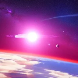 ufo, very beautiful bright mothership , elegant, clouds, planets, galactic atmosphere, atmospheric, realistic, cinematic lighting, pink blue light, 8k,