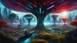 hyper realistic, tron legacy movie, aliens creatures, space ships of the future, city of the future, green nad dark red trees , forest, yellow, blue, purple, orange, space, planets, god creations