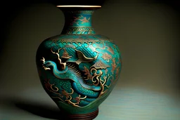 realistic photo of old turquoise Chinese cloisonne vase with dragon pattern on it