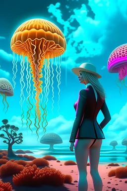 woman in a form-fitting suit, standing on a beach of an alien world, watching mushrooms with jellyfish tentacles in the sky