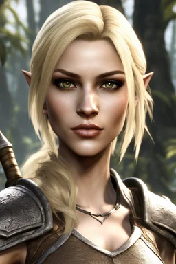 A female bosmer barbarian from Skyrim with brown eyes, blonde, short hair