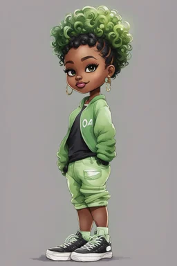 Create an watercolor image of a curvy chibi cartoon black female wearing a light green jogger set and black sneakers. Prominent make up with hazel eyes. Extremely highly detailed of messing curly bun