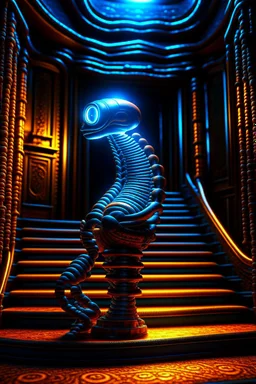 chat robot creating crazy revenue in the style of giger, spray paint, photo realism, trending on art station, 8k, depth of field, down light, light rays, volumetric, reflective spiral staircase, blue, brown and orange