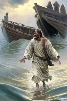 Peter walking on water from the boat going to Jesus Christ on the shore