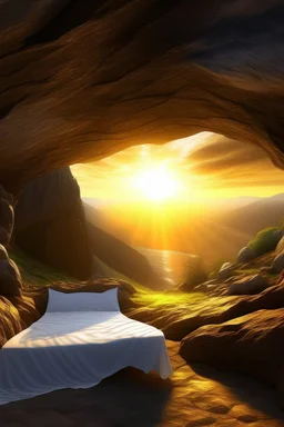 Imagine a surreal landscape at sunrise with a cave tomb in the side of the hill and a stone slab rolled back from the entrance. Inside the cave you can see a shroud folded neatly on the bed where a body would lay. Through an opening in the cave wall you can see the sunrise and two winged angels