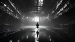 man inside dark extremely large sci-fi old hangar, once raven flying far away, dark room, rain, wet, ambient light, photographic, black and white