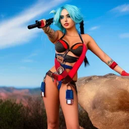 Ana de Armas naked as jinx from arcane standing in a nightclub with light blue hair and long blue plats, blue tattoos on arms, stomach showing, bullet belt with guns, alluring, bedroom scene, cosplay, photo realistic,