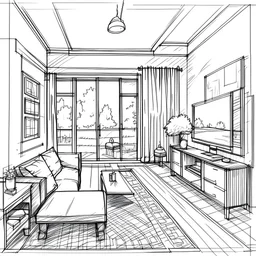 The foreground is a hand-drawn illustration, while the background is a photographic real-world indoor home design scene. idon't want people in he picture
