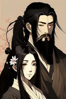 Traditional Japanese anime woman, long black hair, with bearded man with short hair
