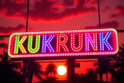 A 1980 disco sign labeled "KUKRUNK" bold multi colored 80s font, miami vice background drop, sunset