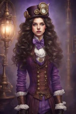 A girl with long, wavy dark brown hair, purple eyes, dressed in steampunk clothes, Nutcracker style