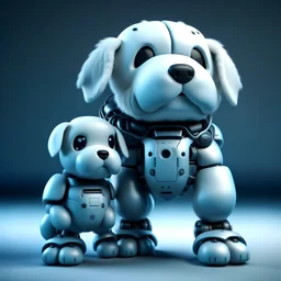 Funny 3D image of a big android robot holding a real-life fluffy puppy