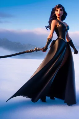 femme fatale in black leather gown with a whip in her hand, big chest, angry face