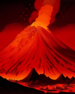 A dark orange colored volcano with chaotic fire painted by Frank Lloyd Wright