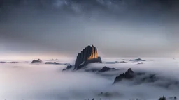 looking up at misty foreground and night sky background, no sun, single sharp narrow mountain peak coming through the mist in the center