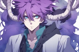 anime man with ram horns, fangs, messy purple hair and blue eyes