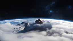 a fog planet's atmosphere is pierced by a single sharp mountain peak. a curved horizon separates the starry space. a single spark of light at the tip of the mountain's peak