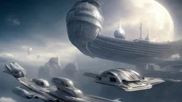 a photorealistic sleek silver spaceship flying over a futuristic ruined city