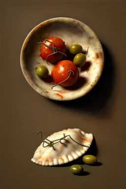 Ravioli by renaissance style still life oil painting, dish, natural tomato, albahaca, olives, olive oil, moisture, art, natural, ornaments, chef, high kitchen, smooth, gradient color background, unreal engine 5, ray tracing, RTX, lumen lighting, ultra detail, volumetric lighting, 3d.