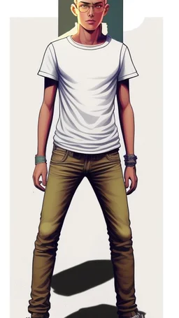 Teen man, blond hair, perfect face, style of tomer hanuka, jeans, white, t-shirt, pompadour