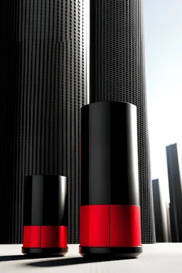 portable speaker, form inspired by merdeka 118 tower , architecture form, geometric design style and black and red color