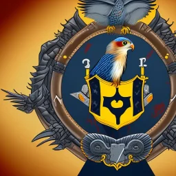 Fantasy setting, coat of arms with a kestrel holding a black anchor in its talons. The kestrel is encircled by a navy blue ring and a yellow half circle shape above it.