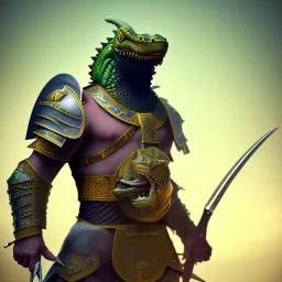 photograph of a warrior with crocodile themed armour. extremely detailed. dslr. 85 mm.perfect position, unreal engine