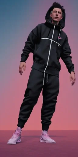  A guy looking at the sky. On a pink street. Everythink is pink. Black Oversize nike sweatsuit.