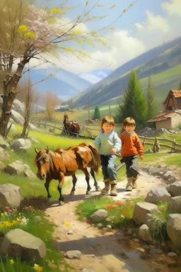 Spring in skåbu, sun, portrait of cute children walking in mountains by stream, horse, broken old tractor, prize winning oil painting