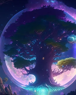 Giant world tree dissolving into sidereal space, fantasy concept, anime style