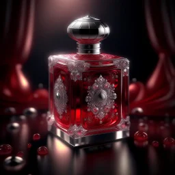 Silver rectangular perfume bottle with red crystal cap and small silver decorations. Illustrative art, art interpretation, concept art, cgsociety contest winner, seasonal art, seasonal art HD, 4k, 8k, intricate, detailed, intricately detailed, luminous, translucent fantasy crystal, holographic data, soft body, shadow play, light, fog, atmospheric, cinematic, light film, hyper-detailed, hyper-realistic, masterpiece, atmospheric, high resolution, 8k, HDR, 500px, mysterious and artistic digital art