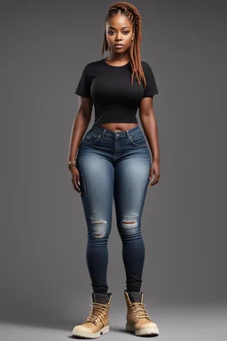 Create a digital image of a curvy black female wearing tight cut up jeans and a black tshirt with timberland boots. Prominent make up with hazel eyes. Highly detail two cornrows going down her head.